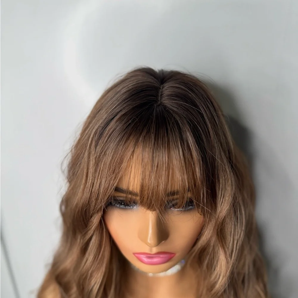 Long Wavy Synthetic Wig w/ Curtain Bangs – Mocha Brown Balayage – Natural Waves